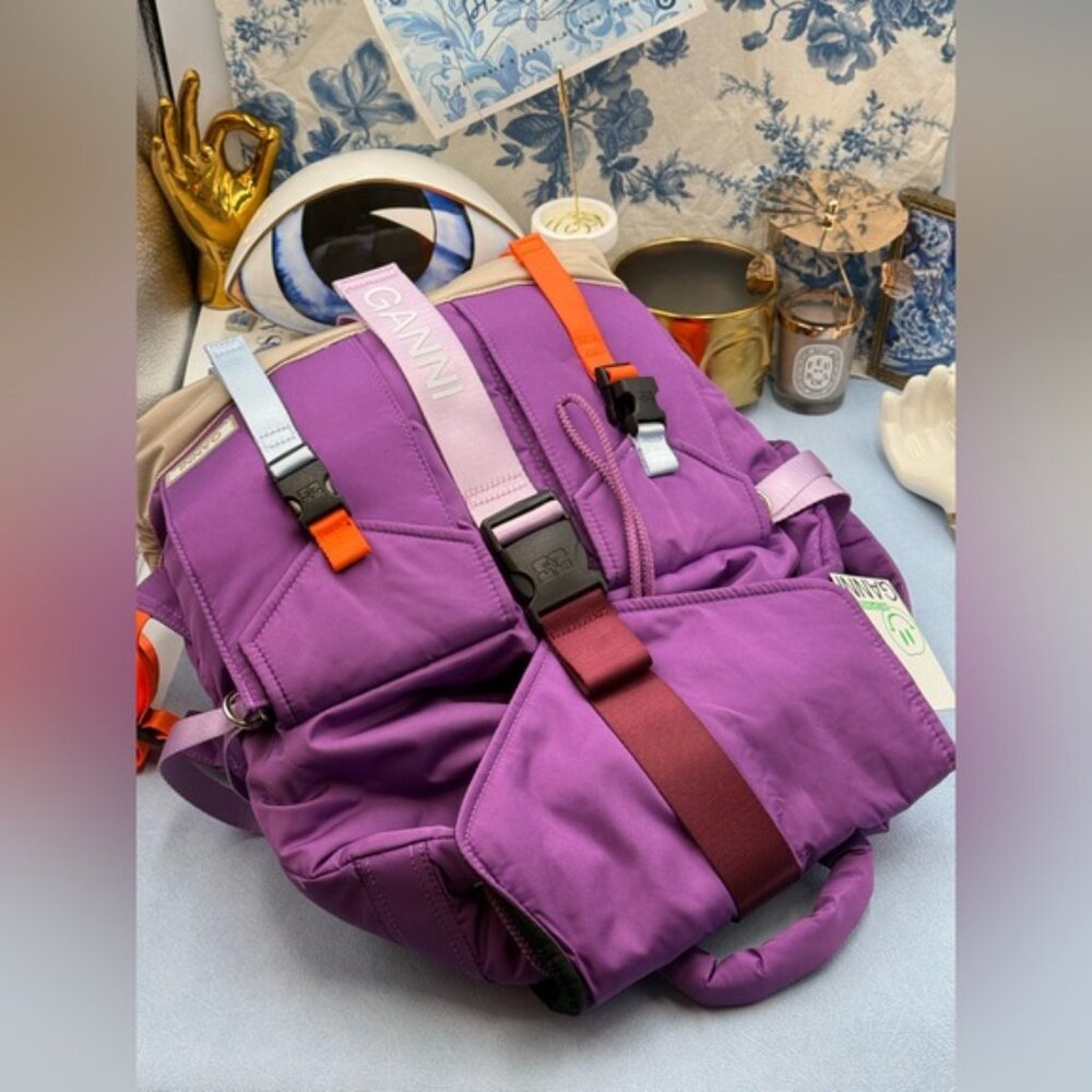 🆕 GANNI 🧿 NWT Recycled Tech Backpack, Purple Wine & Orange, Baby Blue - Picture 8 of 13